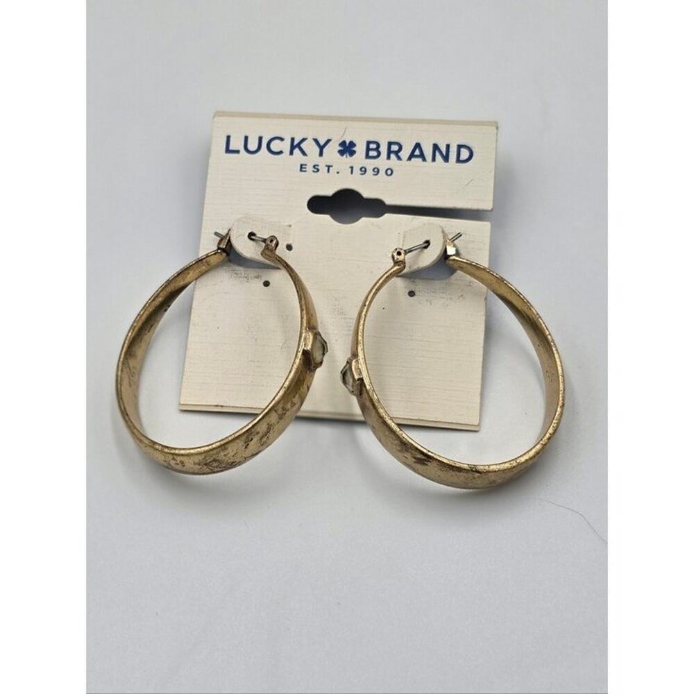Lucky Brand Gold Tone Distressed Teardrop Hoop Earrings with Stone Inlay